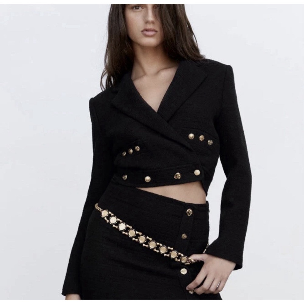 Zara Woman's Cropped Black Textured Gold Buttoned Blazer Jacket- Size Small